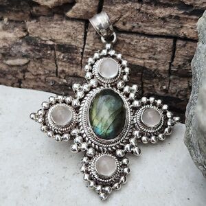 Moonstone and Labradorite Sterling Silver Cross Floret Pendant PTI 925